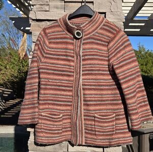 Beyond Definition Wool Sz M Red Black Striped Snap Up Sweater Sleeve Thick